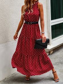 Louniche Polka Dot Sleeveless Ruffle Hem A-Line Dress Maxi Women Outfit - Burgundy - View 4