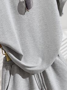 Teen GirlCasual Solid Color Raglan Sleeve Loose Fitting Short Sleeve T-Shirt Set - Light Grey - View 9