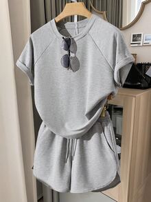 Teen GirlCasual Solid Color Raglan Sleeve Loose Fitting Short Sleeve T-Shirt Set - Light Grey - View 4