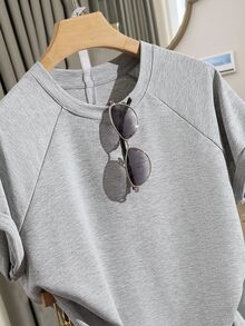 Teen GirlCasual Solid Color Raglan Sleeve Loose Fitting Short Sleeve T-Shirt Set - Light Grey - View 5