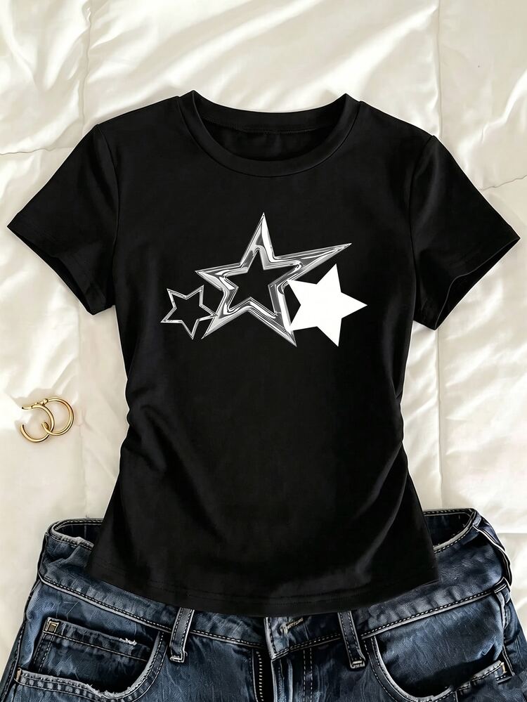 Teen Girl Minimalist Versatile Metallic Star Print Cinched Waist Short Sleeve T-Shirt Summer Holiday - Black - View 2