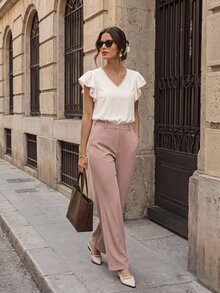 Rosivaux French Style V-Neck White And Pink Contrast Ruffle Short Sleeve Chiffon Top Women's Summer New Commuter Slimming Elegant Office Brunch - Pink - View 2