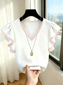 Rosivaux French Style V-Neck White And Pink Contrast Ruffle Short Sleeve Chiffon Top Women's Summer New Commuter Slimming Elegant Office Brunch - Pink - View 5