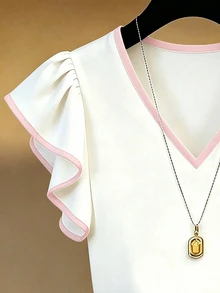 Rosivaux French Style V-Neck White And Pink Contrast Ruffle Short Sleeve Chiffon Top Women's Summer New Commuter Slimming Elegant Office Brunch - Pink - View 7
