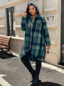 Easura Women's Long Plaid Jacket With Printed Patchwork Raglan Long Sleeves, Front Zipper And Hood - Dark Green - View 8