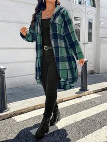 Easura Women's Long Plaid Jacket With Printed Patchwork Raglan Long Sleeves, Front Zipper And Hood - Dark Green - View 7