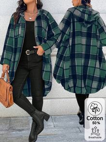 Easura Women's Long Plaid Jacket With Printed Patchwork Raglan Long Sleeves, Front Zipper And Hood - Dark Green - View 1