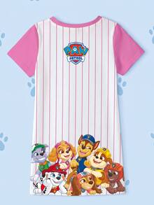 SHEIN | PAW Patrol Young Girl Cartoon Pattern Print Striped Short Sleeve Dress - White - View 2