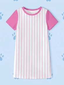 SHEIN | PAW Patrol Young Girl Cartoon Pattern Print Striped Short Sleeve Dress - White - View 1