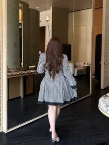 Vibekara Gaun Houndstooth Gaya Prancis Elegan Lengan Panjang Ukuran Plus untuk Musim Gugur dengan Pinggang yang Dikencangkan - MultiWarna - View 2