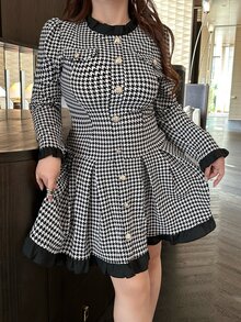 Vibekara Gaun Houndstooth Gaya Prancis Elegan Lengan Panjang Ukuran Plus untuk Musim Gugur dengan Pinggang yang Dikencangkan - MultiWarna - View 8