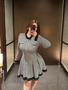 Vibekara Gaun Houndstooth Gaya Prancis Elegan Lengan Panjang Ukuran Plus untuk Musim Gugur dengan Pinggang yang Dikencangkan - MultiWarna - View 3
