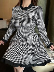 Vibekara Gaun Houndstooth Gaya Prancis Elegan Lengan Panjang Ukuran Plus untuk Musim Gugur dengan Pinggang yang Dikencangkan - MultiWarna - View 1