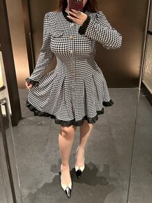 Vibekara Gaun Houndstooth Gaya Prancis Elegan Lengan Panjang Ukuran Plus untuk Musim Gugur dengan Pinggang yang Dikencangkan - MultiWarna - View 4