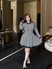 Vibekara Gaun Houndstooth Gaya Prancis Elegan Lengan Panjang Ukuran Plus untuk Musim Gugur dengan Pinggang yang Dikencangkan - MultiWarna - View 5