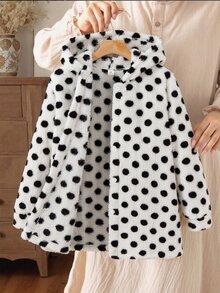 SHEIN 女童連帽加厚抓絨復古圓點中長款秋冬外套 - 黑與白 - 查看 1