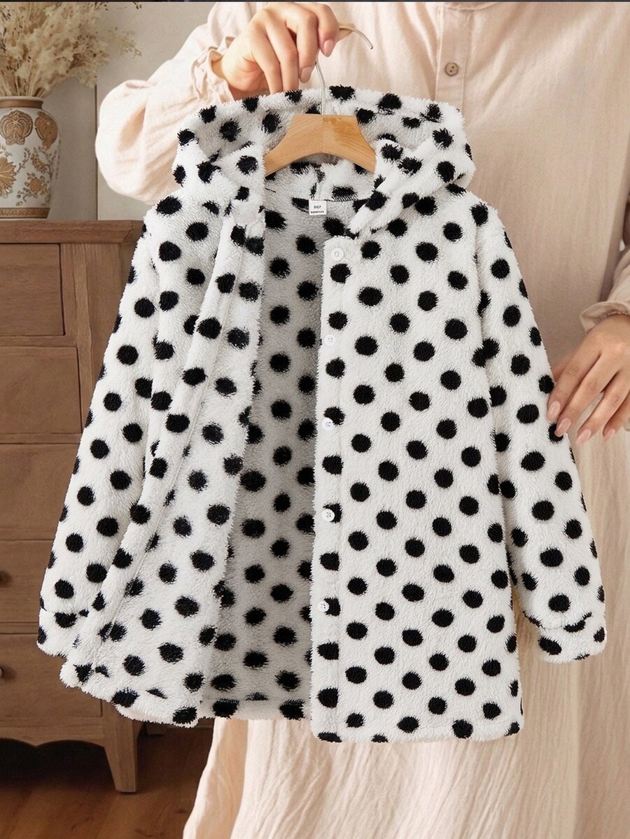 SHEIN 女童連帽加厚抓絨復古圓點中長款秋冬外套 - 黑與白 - 查看 1