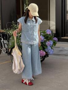 Dazy Kids Tween Girl) Loose Sleeveless Denim Vest With Collar Top Outerwear + Straight Leg Washed Denim Pants 2 Pieces Set - Baby Blue - View 4