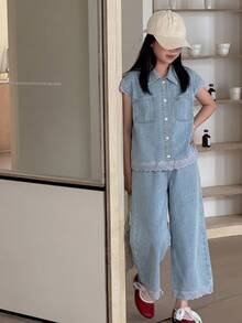 Dazy Kids Tween Girl) Loose Sleeveless Denim Vest With Collar Top Outerwear + Straight Leg Washed Denim Pants 2 Pieces Set - Baby Blue - View 6