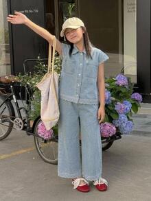 Dazy Kids Tween Girl) Loose Sleeveless Denim Vest With Collar Top Outerwear + Straight Leg Washed Denim Pants 2 Pieces Set - Baby Blue - View 5