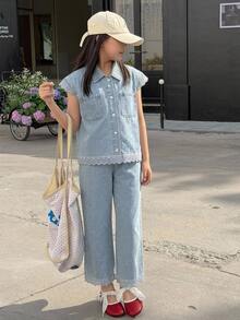 Dazy Kids Tween Girl) Loose Sleeveless Denim Vest With Collar Top Outerwear + Straight Leg Washed Denim Pants 2 Pieces Set - Baby Blue - View 3