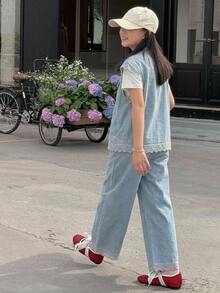 Dazy Kids Tween Girl) Loose Sleeveless Denim Vest With Collar Top Outerwear + Straight Leg Washed Denim Pants 2 Pieces Set - Baby Blue - View 2