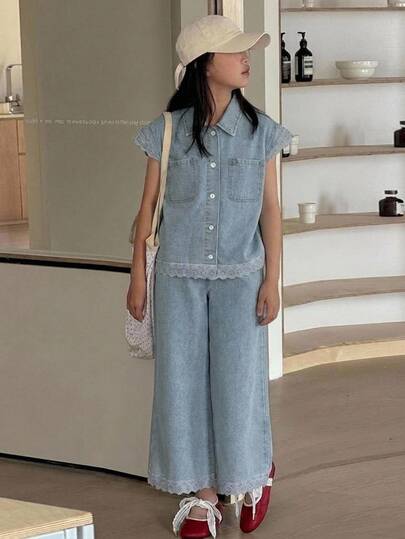 Dazy Kids Tween Girl) Loose Sleeveless Denim Vest With Collar Top Outerwear + Straight Leg Washed Denim Pants 2 Pieces Set