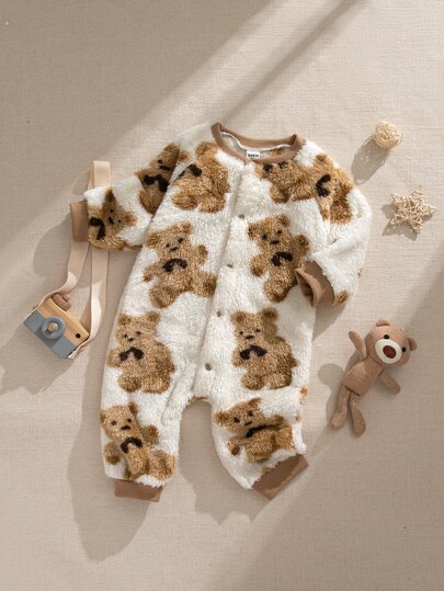 SHEIN 1 Peça Macacão de Bebê Menina Fofo e Doce com Estampa de Urso Branco e Marrom, Sherpa Felpudo, Manga Longa, Gola Redonda, Grosso, Festa de Aniversário, Inverno, Outono, Halloween, Punho Canelado
