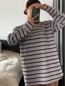 DAZY Solid Color Round Neck Loose Long Sleeve Long T-Shirt For Women School House Home Grey Autumn Casual - Grey - View 5