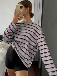 DAZY Solid Color Round Neck Loose Long Sleeve Long T-Shirt For Women School House Home Grey Autumn Casual - Grey - View 4