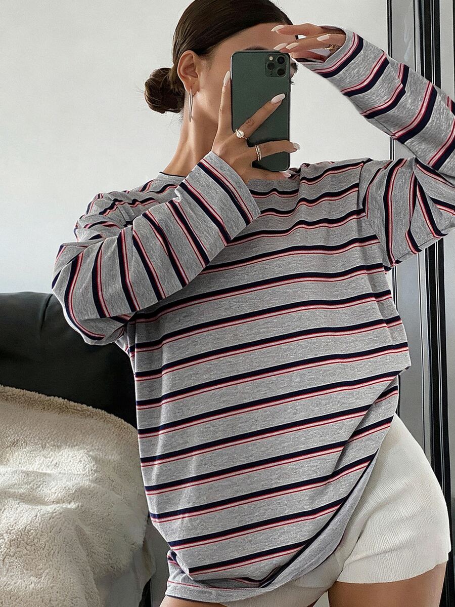 DAZY Solid Color Round Neck Loose Long Sleeve Long T-Shirt For Women School House Home Grey Autumn Casual - Grey - View 1
