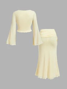 SHEIN MOD Plus Size Women Solid Color Front Knot Bell Sleeve Top And Mermaid Skirt Elegant 2 Pieces Set - Yellow - View 2
