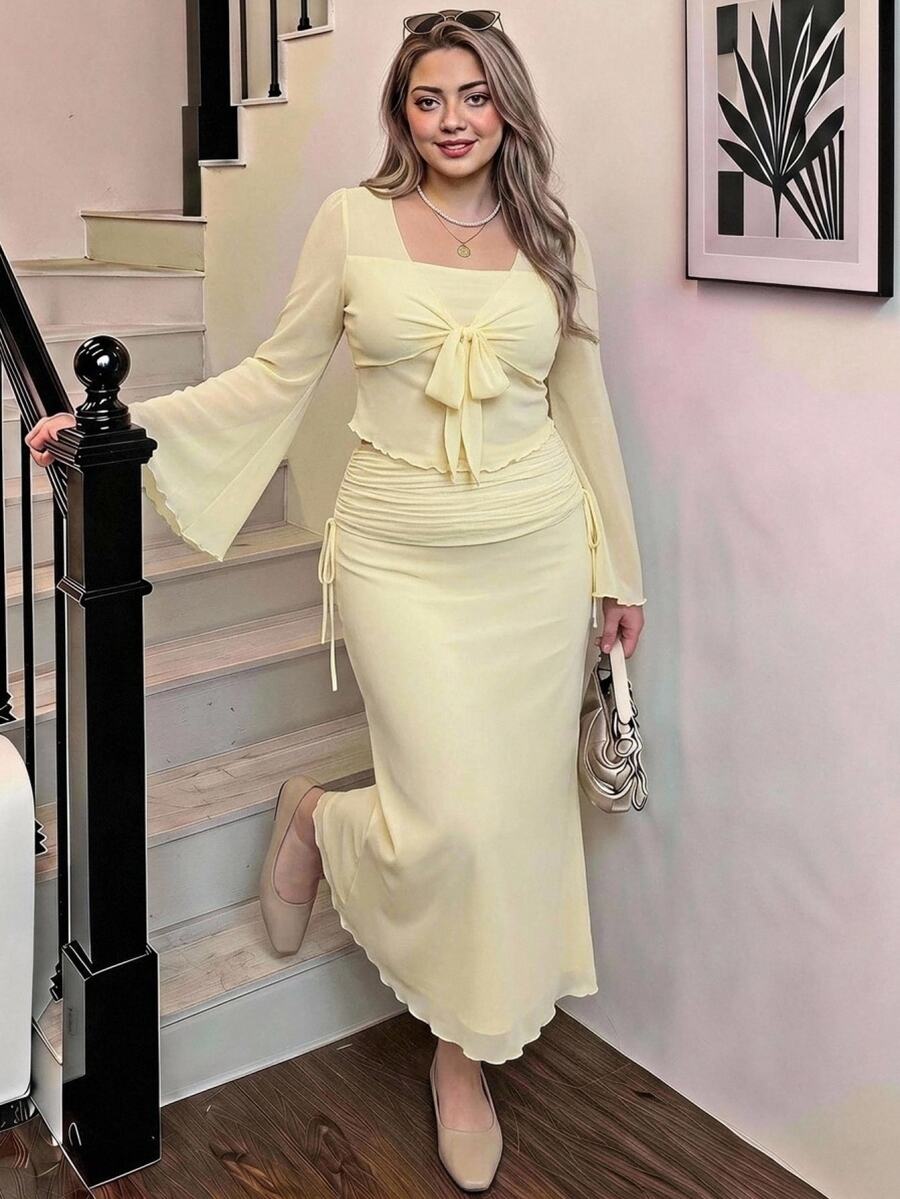 SHEIN MOD Plus Size Women Solid Color Front Knot Bell Sleeve Top And Mermaid Skirt Elegant 2 Pieces Set - Yellow - View 1