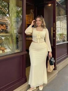 SHEIN MOD Plus Size Women Solid Color Front Knot Bell Sleeve Top And Mermaid Skirt Elegant 2 Pieces Set - Yellow - View 1