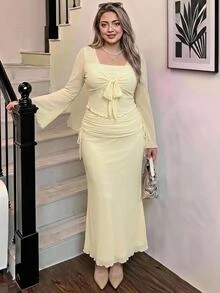 SHEIN MOD Plus Size Women Solid Color Front Knot Bell Sleeve Top And Mermaid Skirt Elegant 2 Pieces Set - Yellow - View 11