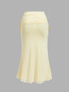 SHEIN MOD Plus Size Women Solid Color Front Knot Bell Sleeve Top And Mermaid Skirt Elegant 2 Pieces Set - Yellow - View 8