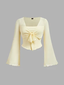 SHEIN MOD Plus Size Women Solid Color Front Knot Bell Sleeve Top And Mermaid Skirt Elegant 2 Pieces Set - Yellow - View 5
