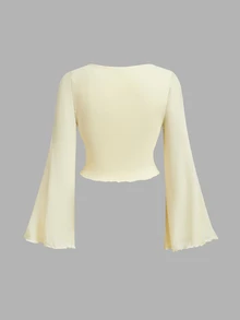 SHEIN MOD Plus Size Women Solid Color Front Knot Bell Sleeve Top And Mermaid Skirt Elegant 2 Pieces Set - Yellow - View 6