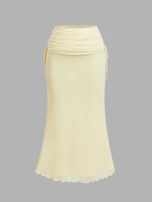SHEIN MOD Plus Size Women Solid Color Front Knot Bell Sleeve Top And Mermaid Skirt Elegant 2 Pieces Set - Yellow - View 7