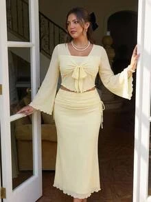 SHEIN MOD Plus Size Women Solid Color Front Knot Bell Sleeve Top And Mermaid Skirt Elegant 2 Pieces Set - Yellow - View 13
