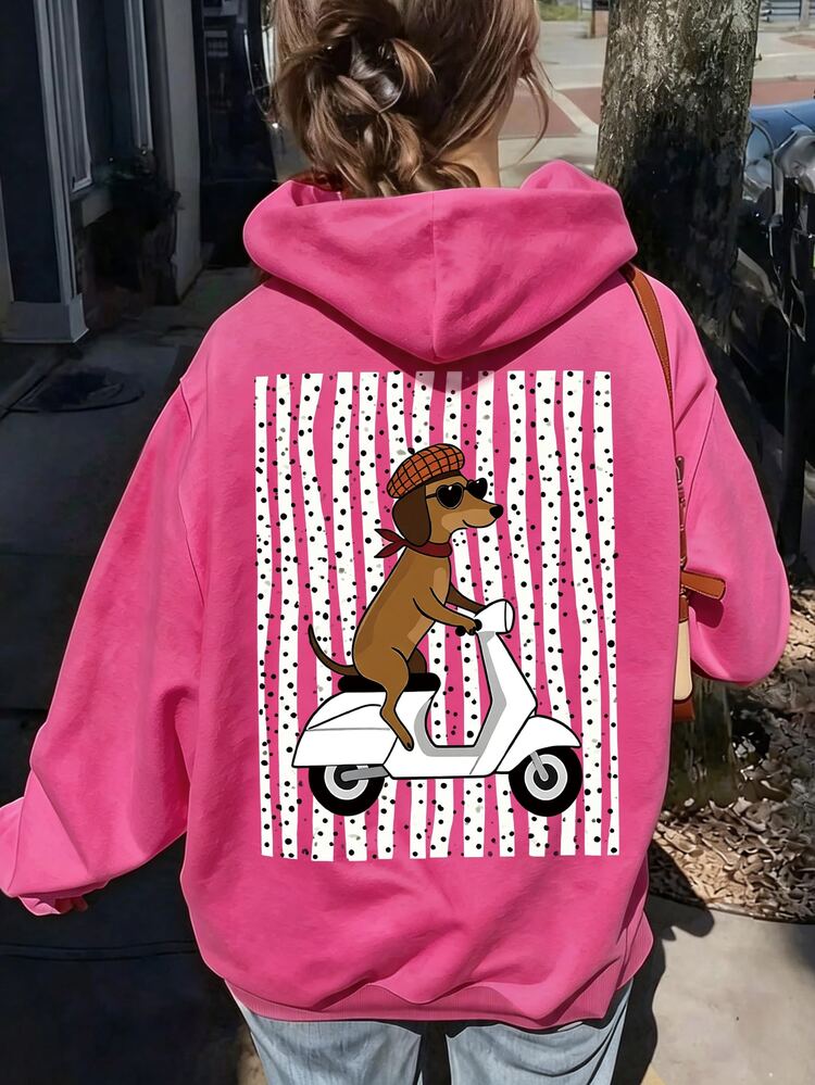 SHEIN Tween Girls Sweet Cool Pink & Yellow Striped Puppy Riding Bike Print Sweatshirt, Cozy Fall & Winter Style, Comfortable Casual Everyday Wear, Cool Winter Collection, Essential For Tween Girl Back To School - Multicolor - View 5