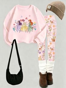 SHEIN 幼童女童秋季花卉鹿圖案運動衫與印花內搭褲2件套，甜美休閒秋冬套裝 - 彩色 - 查看 3