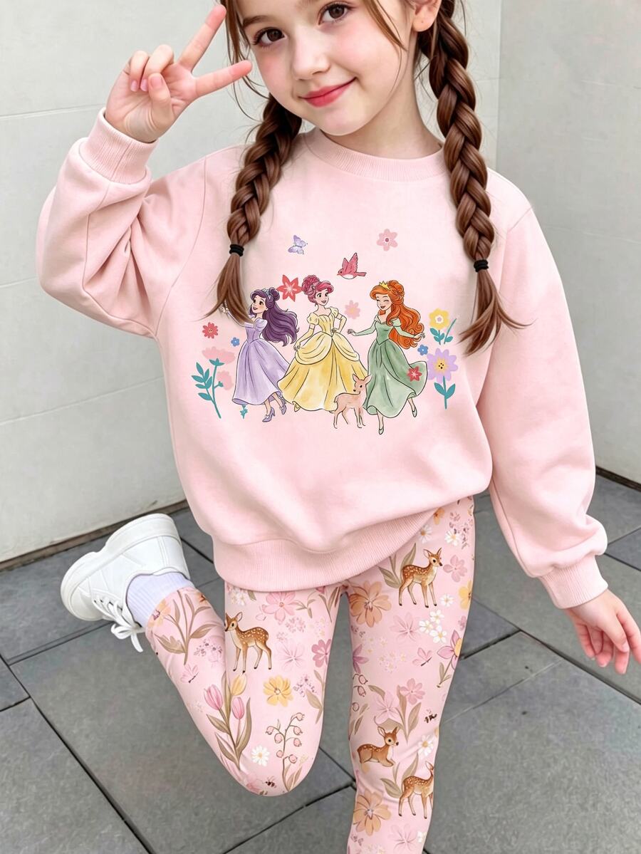 SHEIN 幼童女童秋季花卉鹿圖案運動衫與印花內搭褲2件套,甜美休閒秋冬套裝 - 彩色 - 查看 1