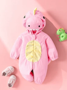 SHEIN Newborn Cute Funny Crystal Plush 3D Dinosaur Shaped Romper With Long Sleeve And Pants Fall Winter - Baby Pink - View 3