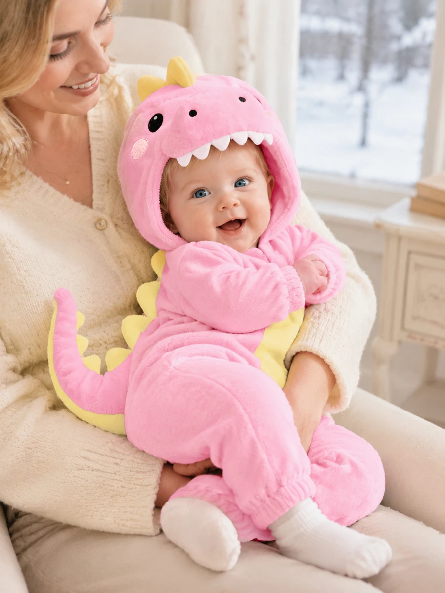 SHEIN Newborn Cute Funny Crystal Plush 3D Dinosaur Shaped Romper With Long Sleeve And Pants Fall Winter - Baby Pink - View 1