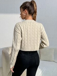 SHEIN LUNE 麻花针织落肩毛衣（不含衬衫），长袖针织套头衫，秋冬毛衣 - 杏色 - 查看 2