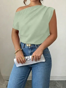 Elenzga Spring Summer Autumn Short Sleeve Asymmetric Shoulder Minimalist Elegant Pleated Design Sage Green Plus Size Shirt Teachers' Day Office Vacation - Green - View 3