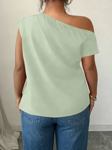 Elenzga Spring Summer Autumn Short Sleeve Asymmetric Shoulder Minimalist Elegant Pleated Design Sage Green Plus Size Shirt Teachers' Day Office Vacation - Green - View 2