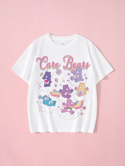 SHEIN X Care Bears Camiseta casual de manga corta con cuello redondo y estampado de letras de dibujos animados para niña preadolescente