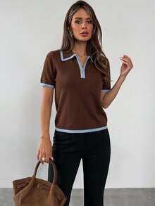 Firerie Women's Colorblock Casual Versatile Daily Wear Knit Short Sleeve Top - Brown - View 1